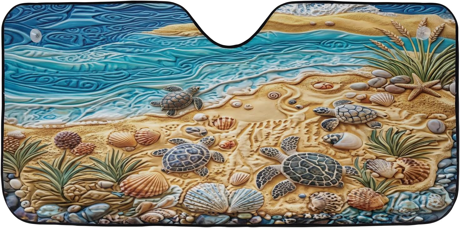 ThangPham Shop Sea Turtles Car Sunshade, Ocean Turtle Windshield Sun Shade, Tropical Beach Inspired Auto Sun Protector