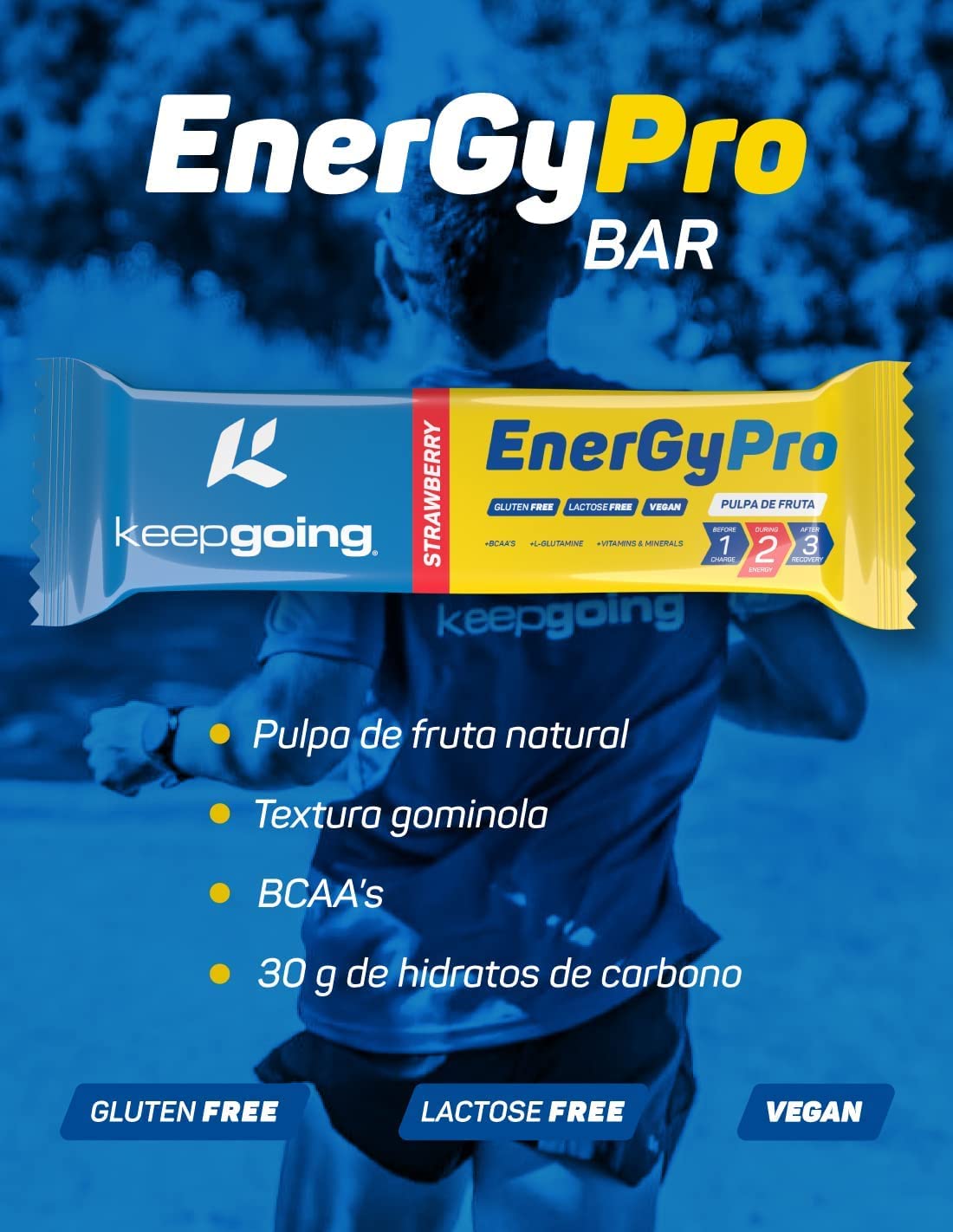 Keepgoing - Barritas Energéticas Naturales EnergyPro 12 uds x 40g | Textura de Gominola para Ciclismo y Running | Barritas Energéticas de Pulpa de Fruta (12 unidades, Fresa)