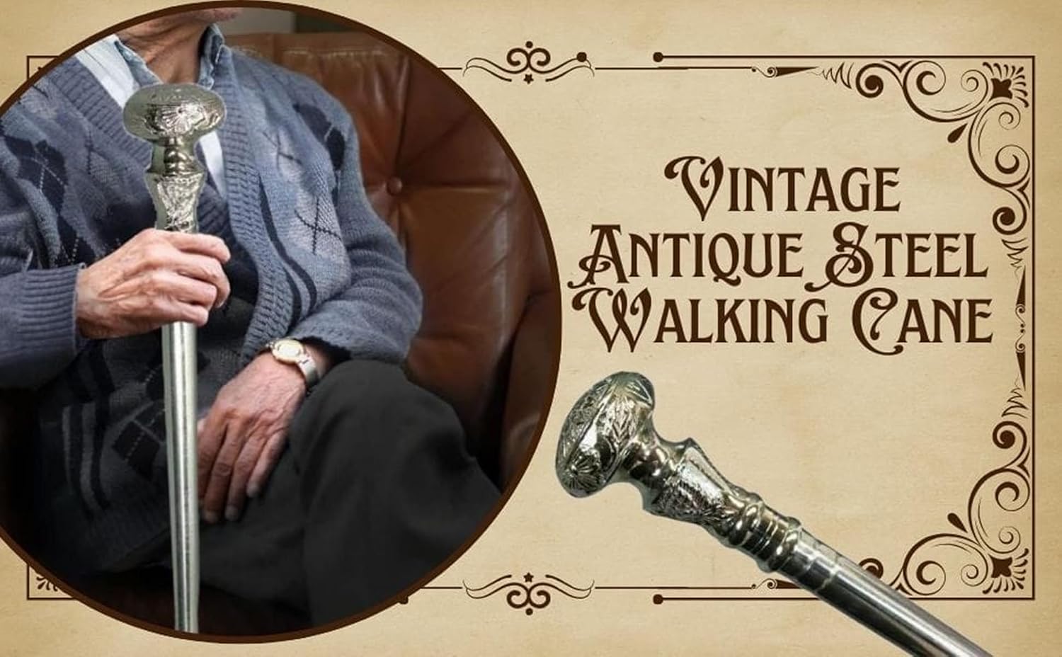 Stainless Steel Walking Stick Cane with Silver Brass Handle | Vintage Luxury Designer Walking Cane for Men & Women | Strong Support Hiking & Mobility Stick for Elders
