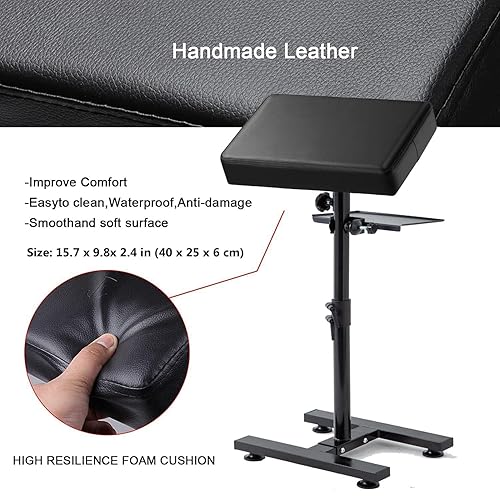 Miniatura 9 de Soporte para reposabrazos de tatuaje, soporte Legrest, base en H, altura ajustable, almohadilla de cuero negro con suministros de tatuaje, tablero