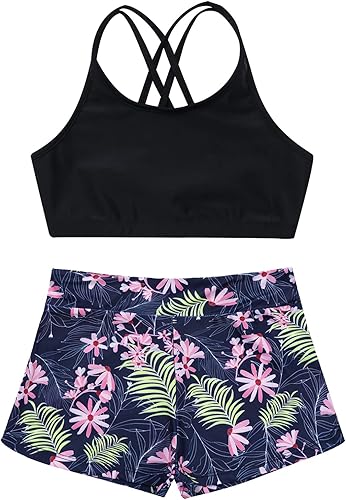 MSemis Conjunto deportivo de 2 piezas para niñas, conjunto deportivo de danza, espalda de corredor y pantalones cortos de gimnasia para bailar