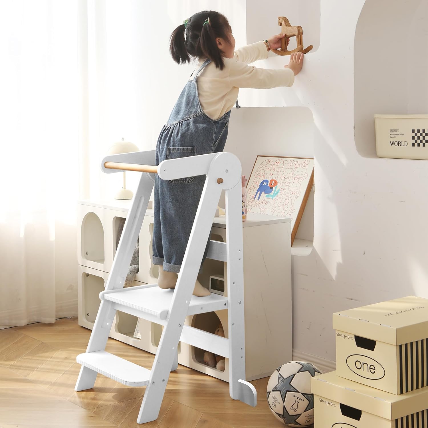 Foldable Toddler Tower 95% Preassembled Kitchen Stool Helper Folding Step Stool for Kids Montessori Toddler Standing Tower with 3 Adjustable Height Helper Tower for Kitchen Counter Sink White