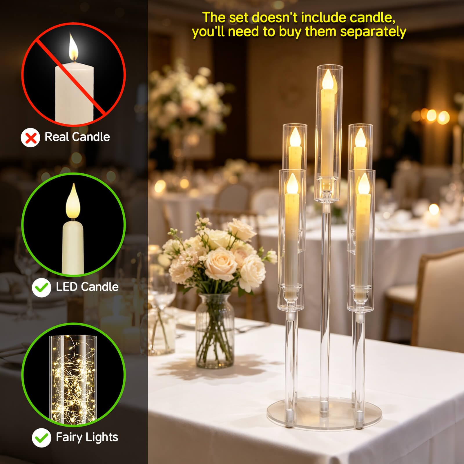 Set di 8 candelabri in acrilico a 5 bracci Centrotavola 68,1 cm