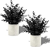 2 Pack Black Fake Eucalyptus Small Fake Plants Potted Artificial Plants for Halloween Decorations Shelf Desk Home Farmhouse Room Coffee Table Bathroom Decor(Black) 2 Black-small