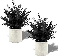 Coferset Plastic 2 Pack Black Fake Eucalyptus Small Fake Plants Potted Artificial Plants for Halloween Decorations Shelf Desk Home Farmhouse Room Coffee Table Bathroom Decor(Black)