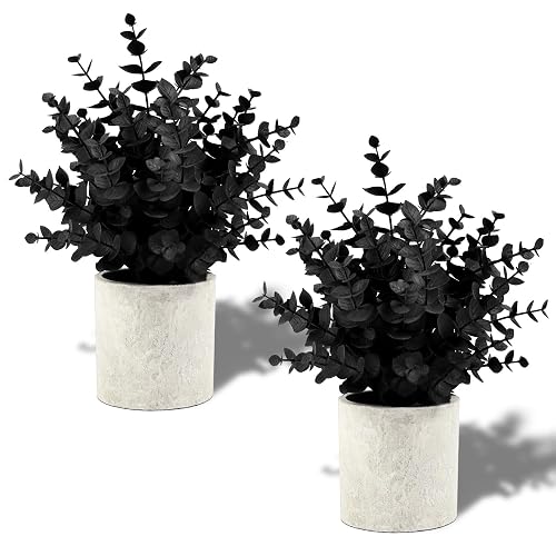Coferset 2 Pack Black Fake Eucalyptus Small Fake Plants Potted Artificial Plants for Halloween Decorations Shelf Desk Home Farmhouse Room Coffee Table Bathroom Decor(Black)