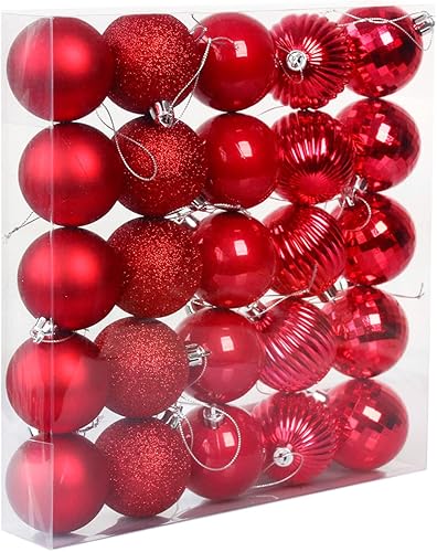 Adornos de Navidad, 25 piezas de decoración de árbol, 5 acabados, bolas rojas de 1.57 pulgadas (1.575 in)