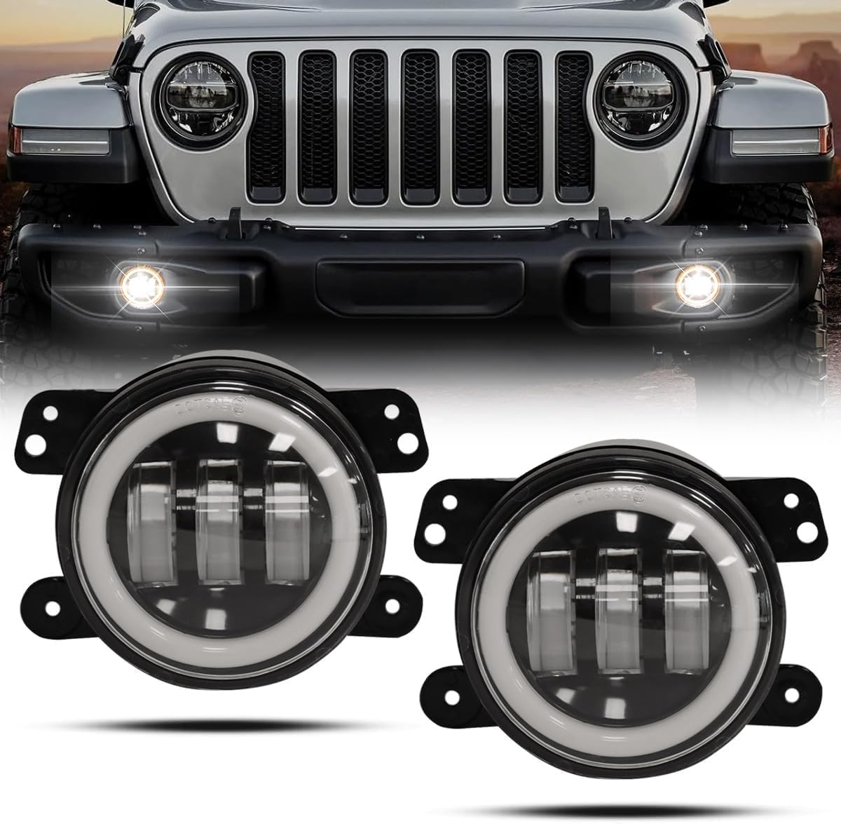 Fit For 2007-2018 Jeep Wrangler Unlimited JK Pair 4" Inch LED Fog Lights Front Bumper Driving Lamps, 4 Inch, Dual Color Halo Ring, White DRL and Amber Turn Signal