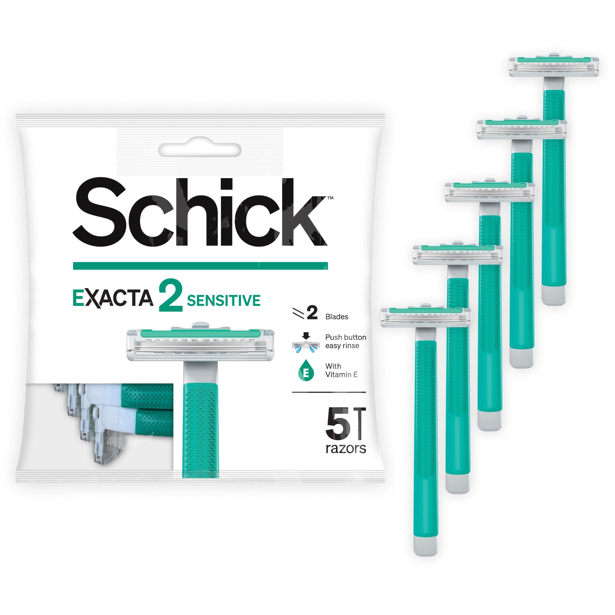 Exacta2 Sensitive Twin Blade Disposable Razor For Men-Strip Enriched With Vitamin E & Aloe-Vera-Close & Smooth Shave-Push Cleaning Button-Slim Head-Non Slip Comfortable Rubber Grip- 5 Razors