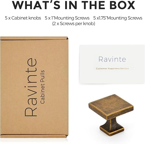 Ravinte Cabinet Knobs Antique Brass Square Knobs, Drawer Knobs, 5 Pack