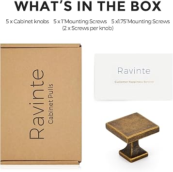 Ravinte Cabinet Knobs Antique Brass Square Knobs, Drawer Knobs, 5 Pack