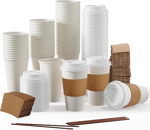 Vista 18 de [Paquete de 100] Tazas de café de papel de 12 onzas, taza de café de papel desechable con tapas, mangas y agitadores, taza para bebidas Paquete