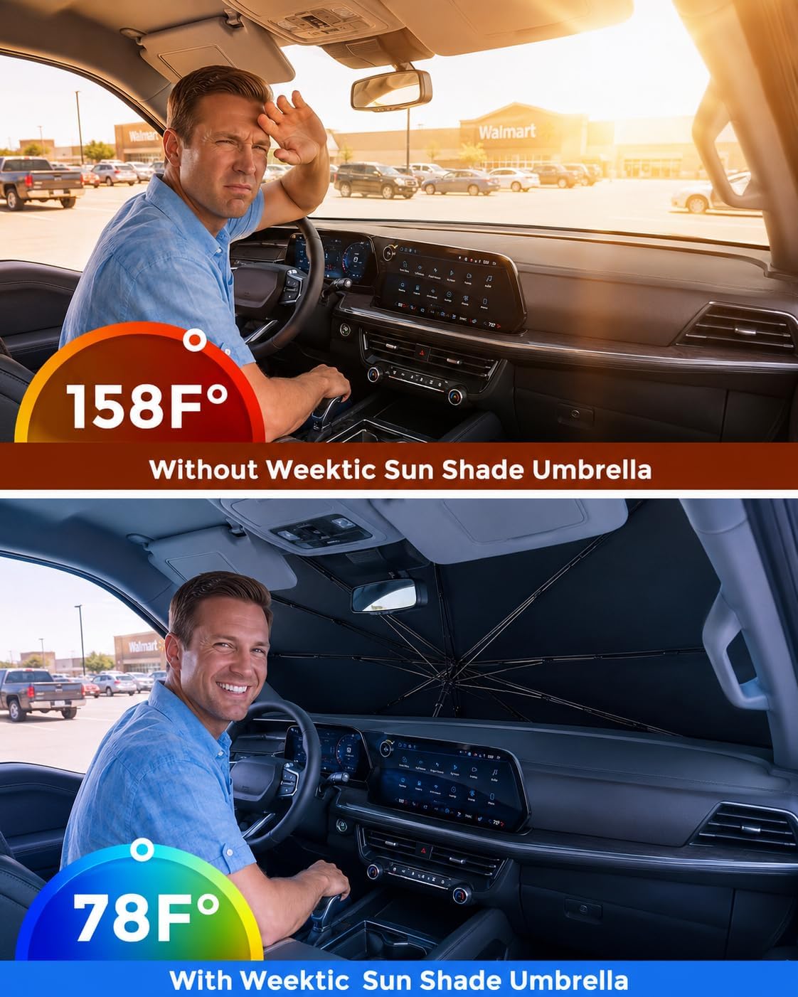 [2026 Upgraded] Weektic Windshield Sun Shade Umbrella for Tahoe/Yukon/Suburban/Escalade - 5 Layers Ice Crystal Coating Blocks 99% UV, Protect Interior | 360° Swivel Handle for Easy Use Car Accessory