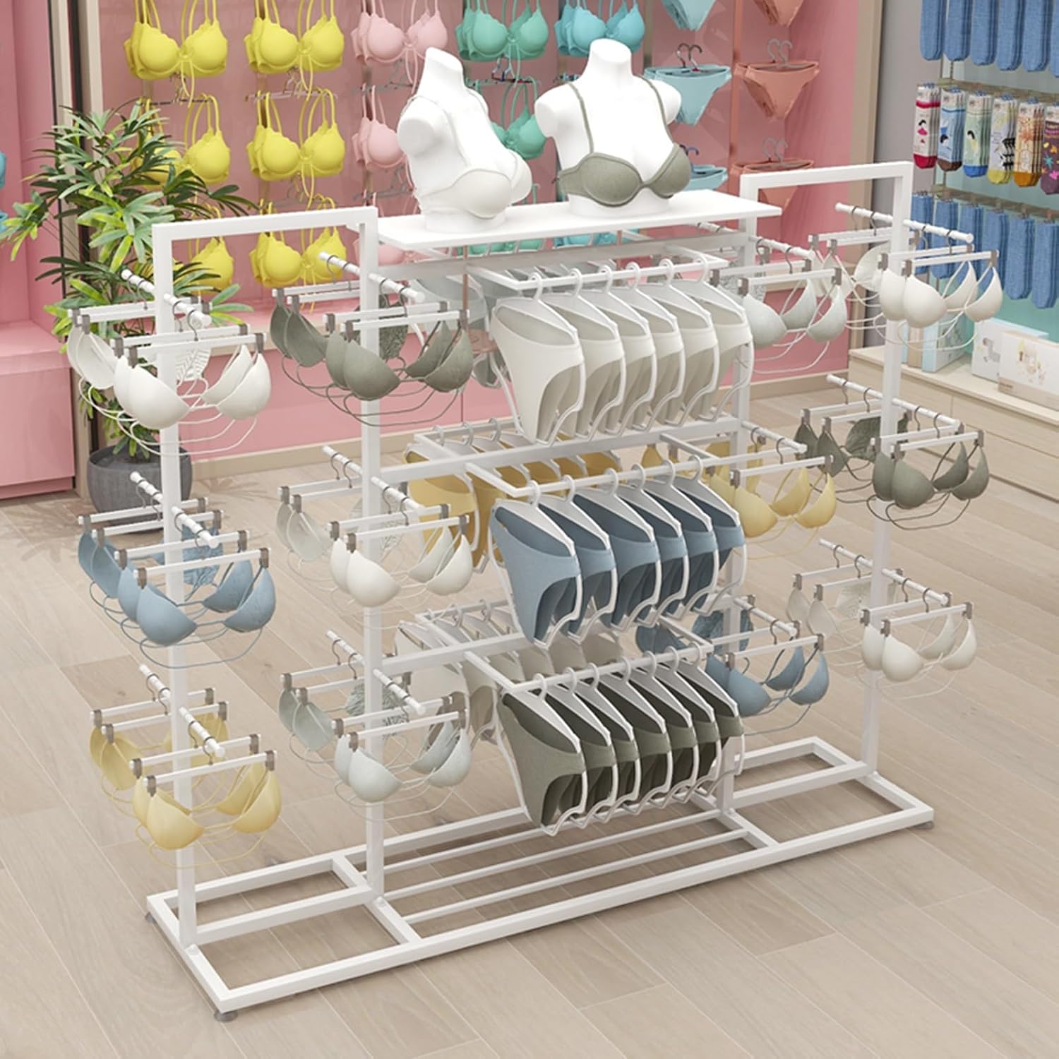 Commercial Lingerie Display Stand, Adjustable Height Metal Clothes Rack, Multi Tier Double Rail Sturdy Garment Organizer for Retail Store Boutique(Yellow)