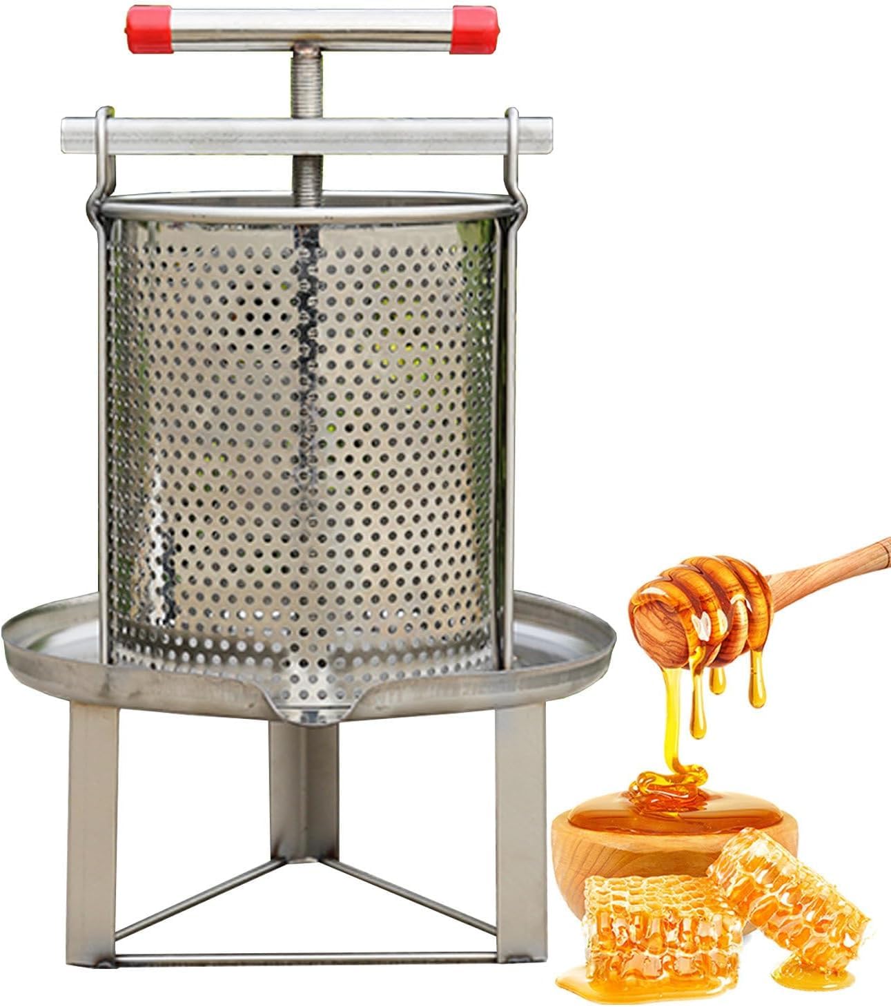 Extractor de Miel Manual 12L Acero Inoxidable & Prensador de Cera, Equipo Apicultura 2 en 1 con Bolsa Filtro para Cosecha Eficiente, Uso Doméstico y Comercial. Acero Grado 304, Mango en T.
