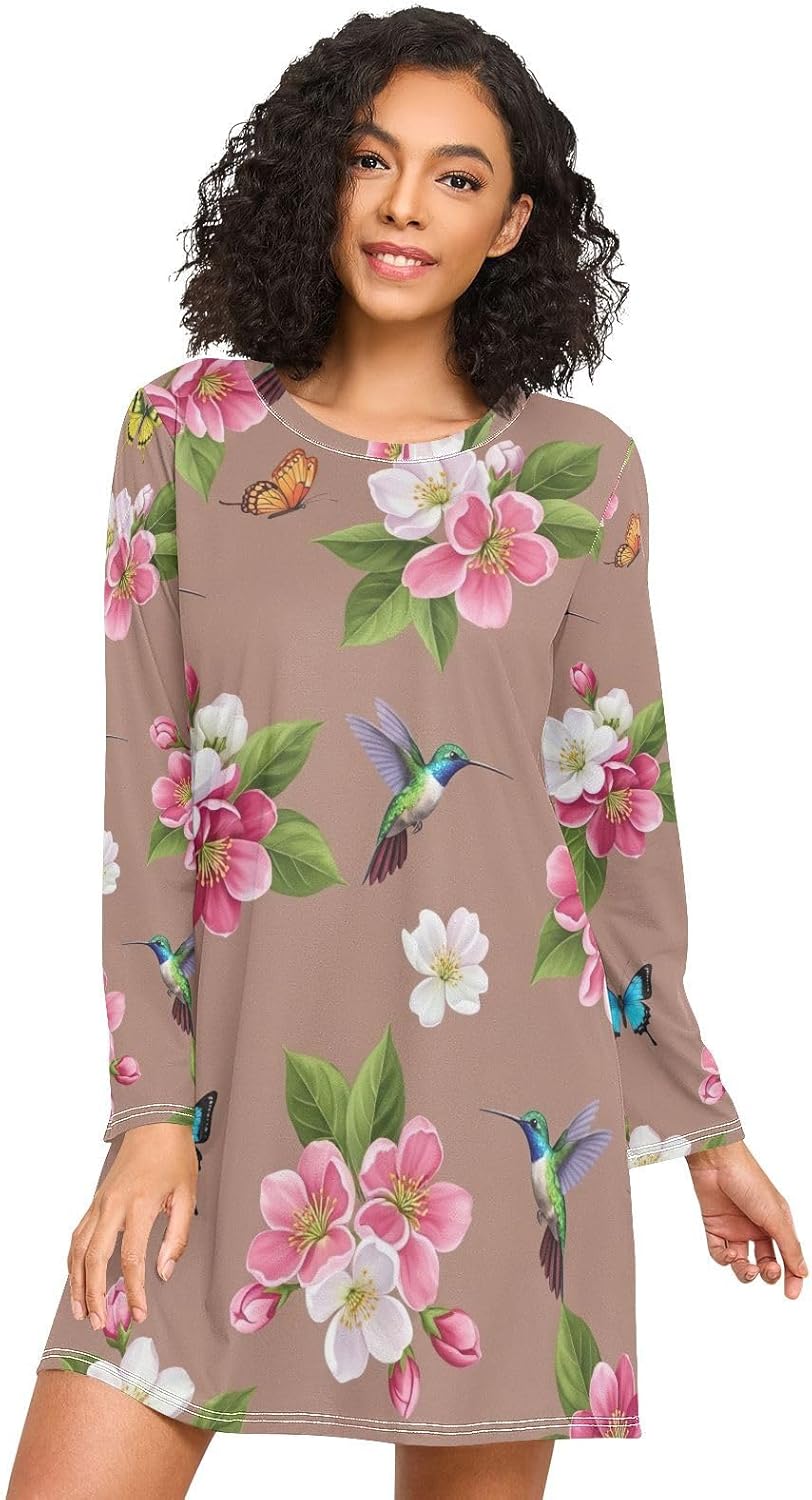 Pink White Blossom Long Sleeve Womens Night Shirts, Cozy Crewneck Sleep Dress, Lounge Womens Nightgowns