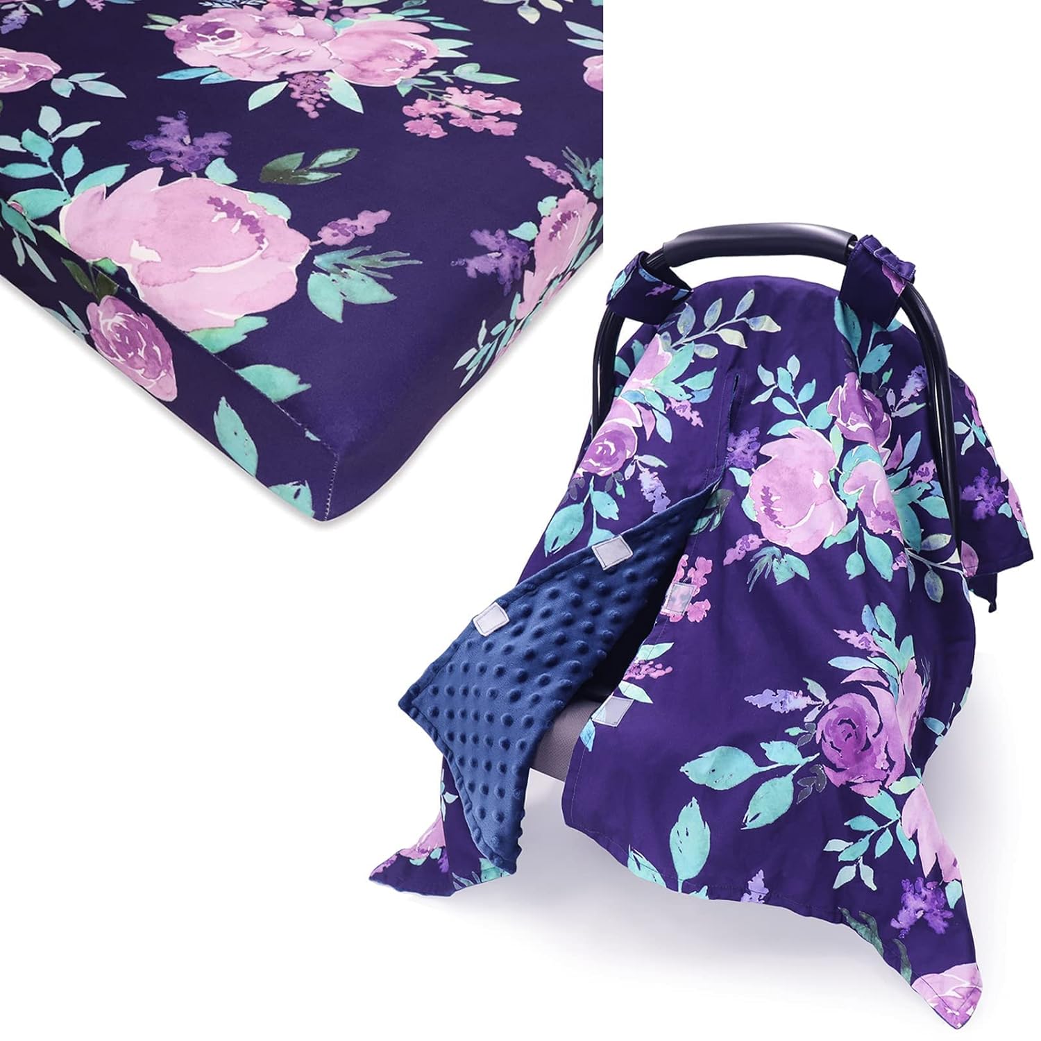 Peekaboo OpeningCar Seat Cover for Babies & Crib Sheet, Purple Flower Car seat Canopy for Boys Girls,Soft Fabric Fits Snug On Infant