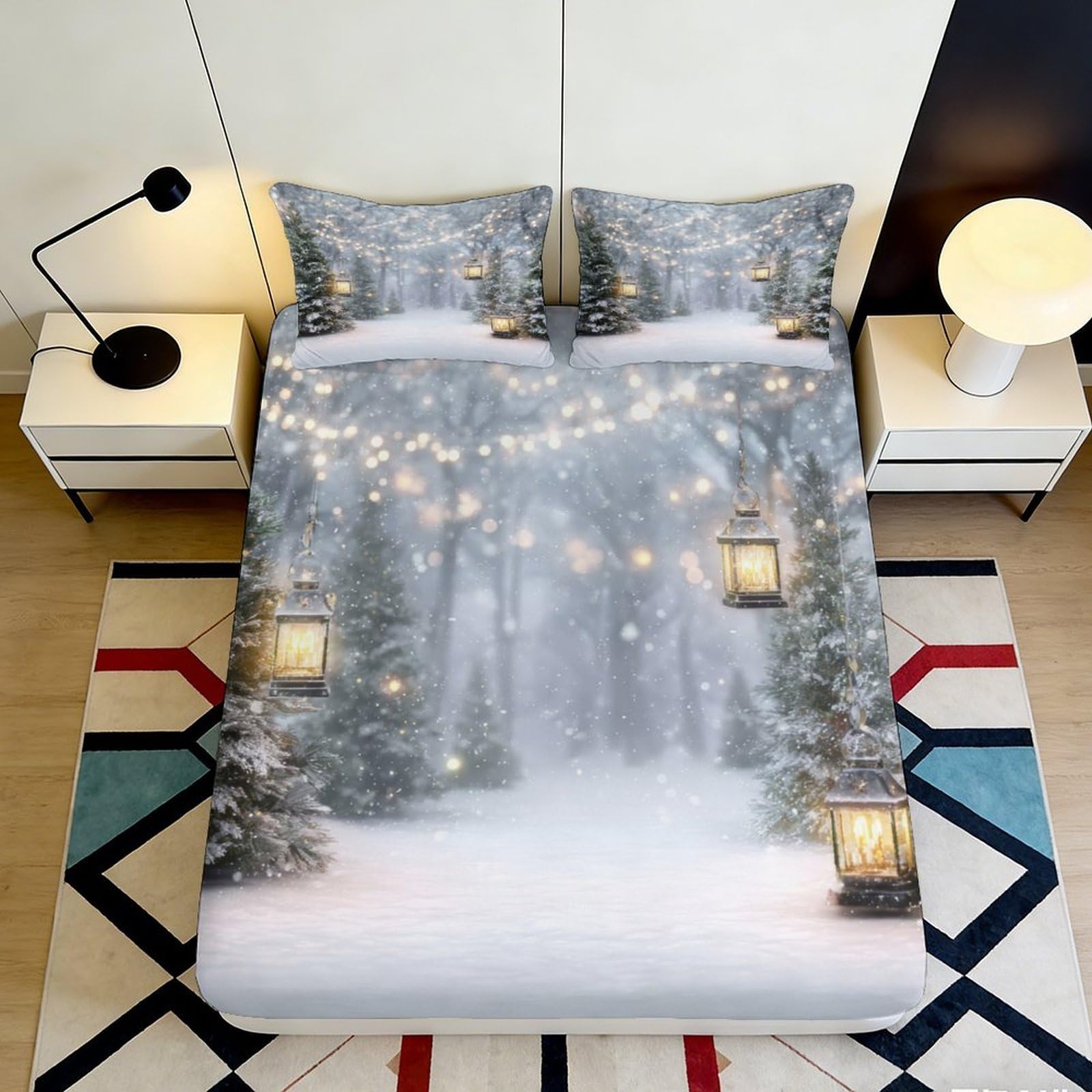 Kzqnxhjprl Style-7 3D Printed Snowy Forest Fitted Sheet Microfiber Winter Lantern Mattress Cover Anti-Slip Machine Washable Bedroom Decor 90X200x25cm