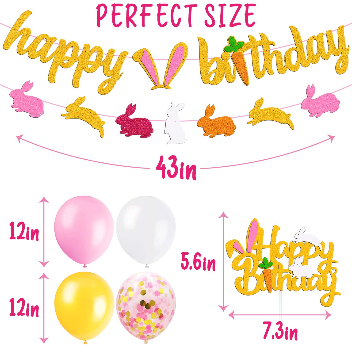 Bunny Birthday Decorations Easter Bday Kit Rabbit Theme Happy Birthday Banner Cake Topper Pink Gold White Latex Balloons for Children Girl 1st 2nd Bday Happy Easter Festival Spring Party Supplies
