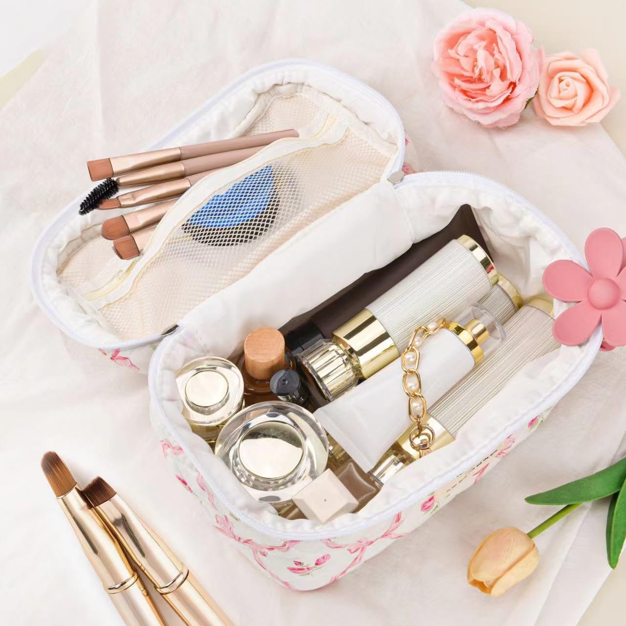 Large Travel Quilted Makeup Bag,Cute Bow Cotton cosmetic bag, Fashionable aesthetic makeup bag,Coquette Aesthetic Floral Travel Toiletry Bag for Women and Girls - Image 3