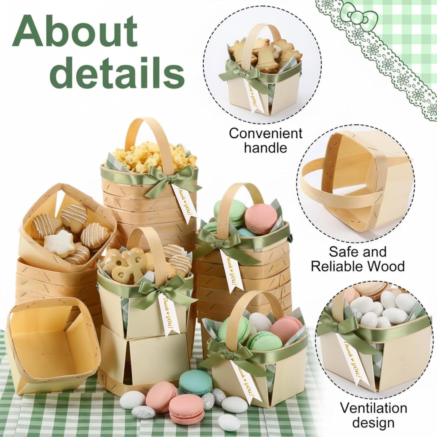 30 Pack Fruit Baskets Wood Small Picnic Berry Basket with Handle Mini Baskets for Gifts Bulk Empty Sage Green Plaid Farmers Display Basket with Ribbon and Napkins for Picking Camping