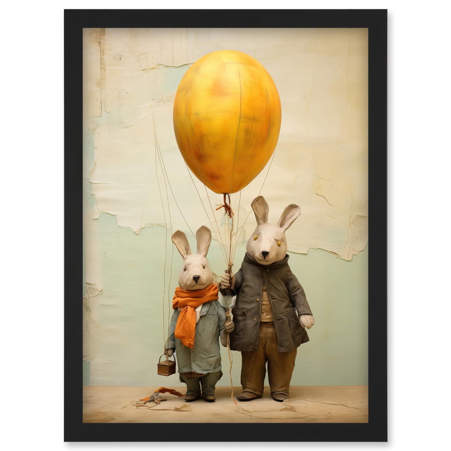 Artery8 Cute Nursery Artwork Rabbits and Balloon Adventure Oil Painting Artwork Framed Wall Art Print A4