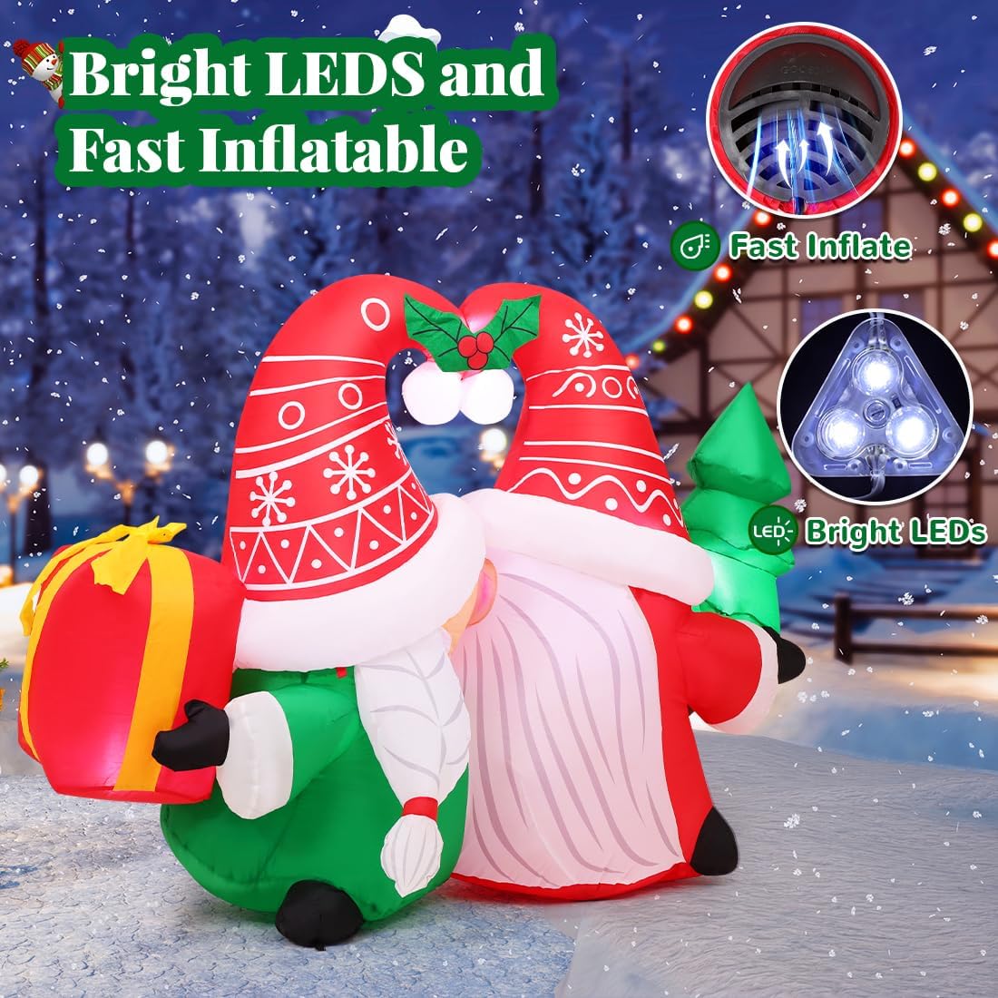 GOOSH 5FT Christmas Gnome Inflatables Outdoor Decorations,Blow Up Couple Gnomes with LED Lights,Xmas Gnome Inflatables for Yard Lawn Garden Holiday Decor