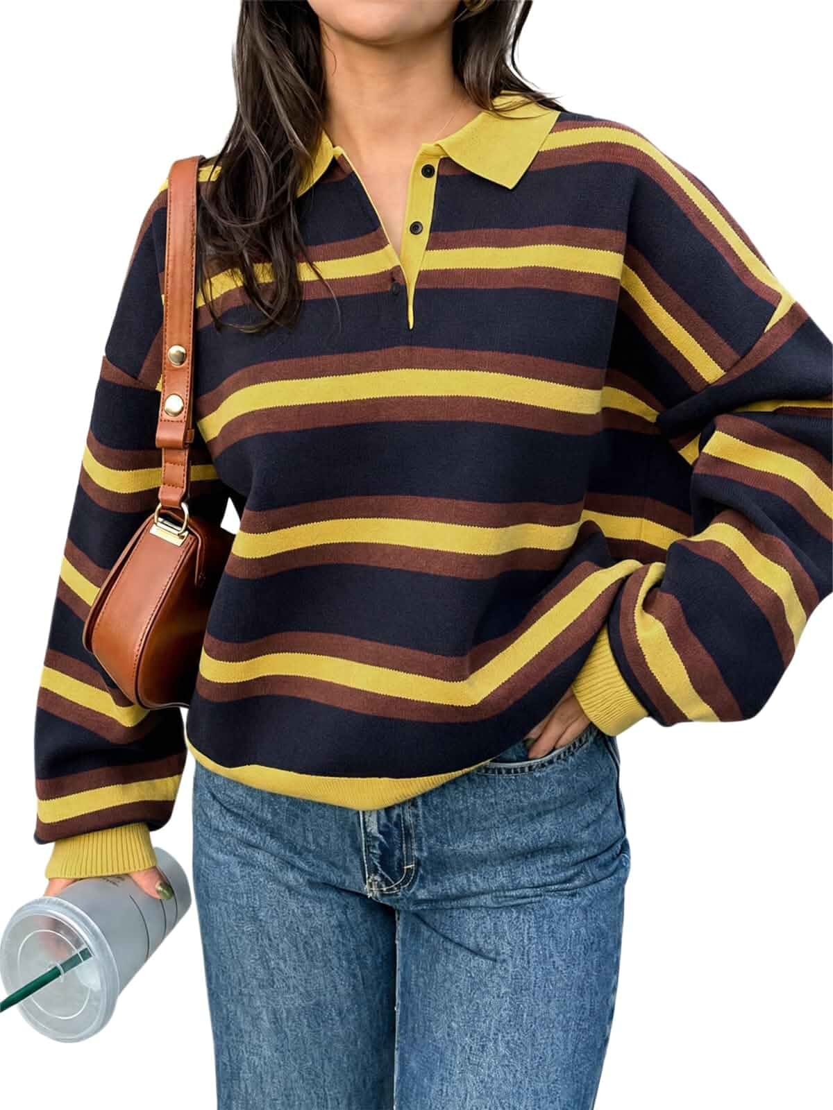 Tankaneo Sweaters for Women Striped Polo Sweater Casual Pullover Knit Tops Button V Neck, Long Sleeve, Drop Shoulder, Color Block, Collared Sweaters, Soft, Cozy, Trendy, Fall Outfits, Winter Clothes