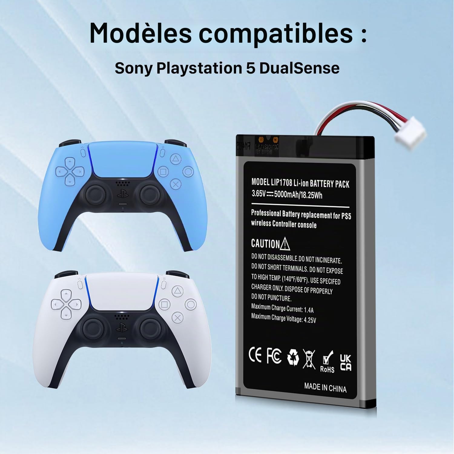 2X LIP1708 Batterie pour Sony contrôleur PS5, 5000mAh Haute Capacité Batterie de Remplacement pour PlayStation 5 DualSense CFI-ZCT1W avec kit de Réparation