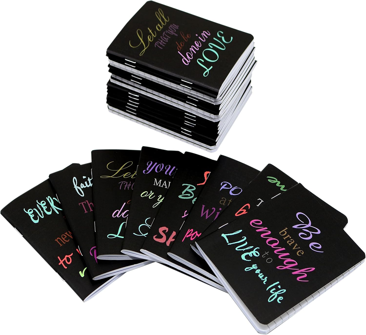 100pcs Mini Notepads Black Inspirational Pocket Notebooks, Happy Journal Small Notebooks Bulk for Party Office Home Coworkers Travel Gift Present Supplies (100pcs-8styles, Black Inspirational)