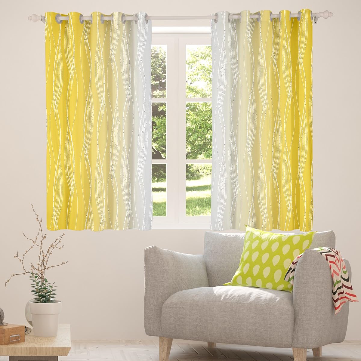 Homewish Yellow Greyish White Blackout Curtains Ombre Yellow And Gray Window Curtains 66" Wx90 L Abstract Gradient Geometric Curtains & Drapes Silver White Wavy Line Window Treatments 2 Panels - Image 3