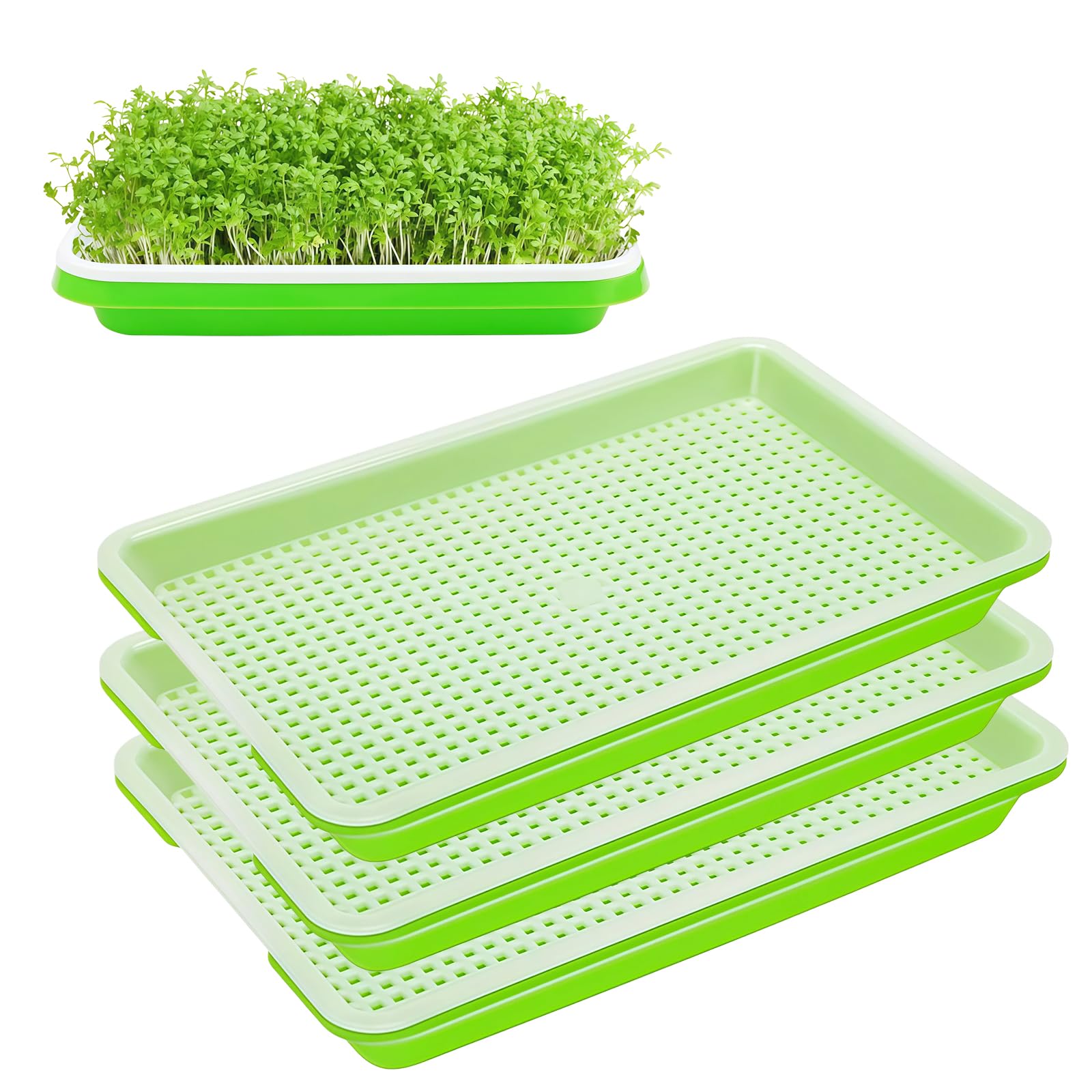 XQMMGO 3 Pack Seed Sprouting Trays 14x20cm, Compact Microgreens Growing Kit, Soil-Free 2-Tier Sprouter for Mung Beans, Alfalfa & Cat Grass, Kitchen Windowsill Garden