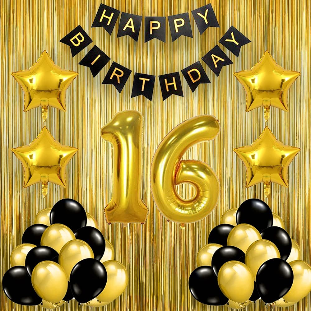 Pop The Party Black Gold 16th Birthday party Decorations With Birthday Banner, Star, Latex Balloons , Curtains and 16 Digit No. Set Of 39 Supplies