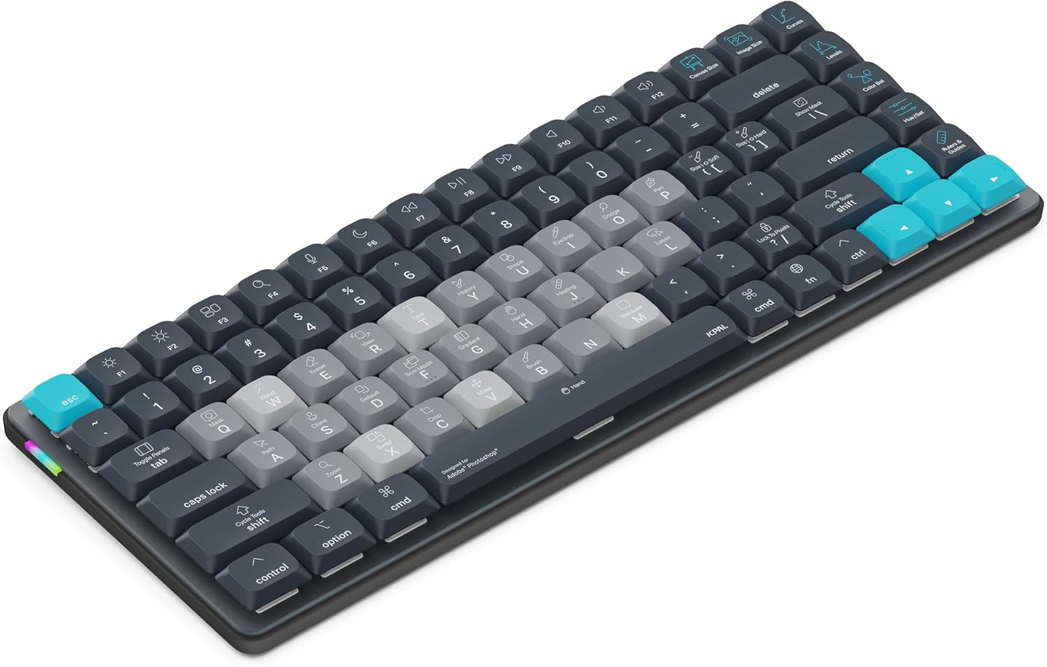 JCPAL Adobe Photoshop Keyboard  Dash Wireless Shortcut Keyboard for Mac and PC  Shortcut Hotkeys, Color-Coded Key Guide, Fully Customizable, Compact Low-Profile Design