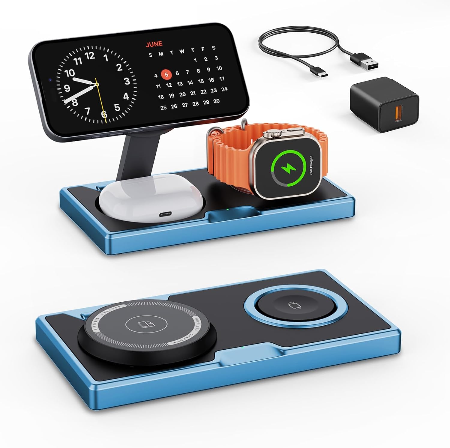 3 in 1 Foldable Wireless Charger Stand for Apple Magsafe Charger, Fast Travel Charging Station for Magsafe for iPhone 17/17e/Air/16/15/14/13/12 Series, Apple Watch Series, AirPods pro/2/3/4 (Blue)