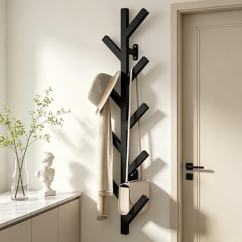 Prywot Vertical Hat Rack, Metal Coat Rack Wall Mounted, Black, 37.8" | 9 Hooks, Space-saving wall-mounted design, for Hats, Jackets, Coats, and Bags - Suitable for Entryways and Bedrooms