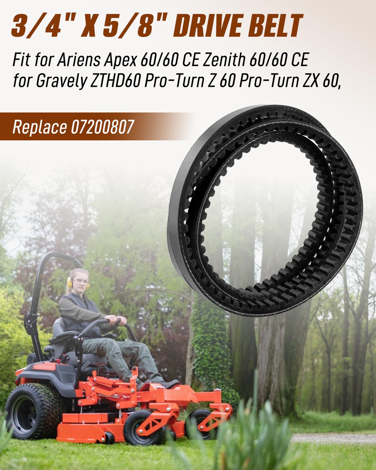 Correa de transmisión de 0.75 x 0.63 pulgadas para Ariens Apex 60/60 CE Zenith 60/60 CE para Gravely ZTHD60 Pro-Turn Z 60 Pro-Turn ZX 60, reemplaza 07200807