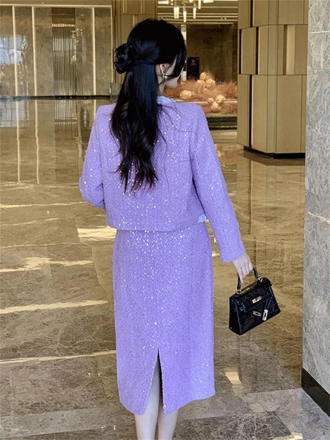Women Two Piece Set Beaded Jacket Long Skirt Casual Outfit
