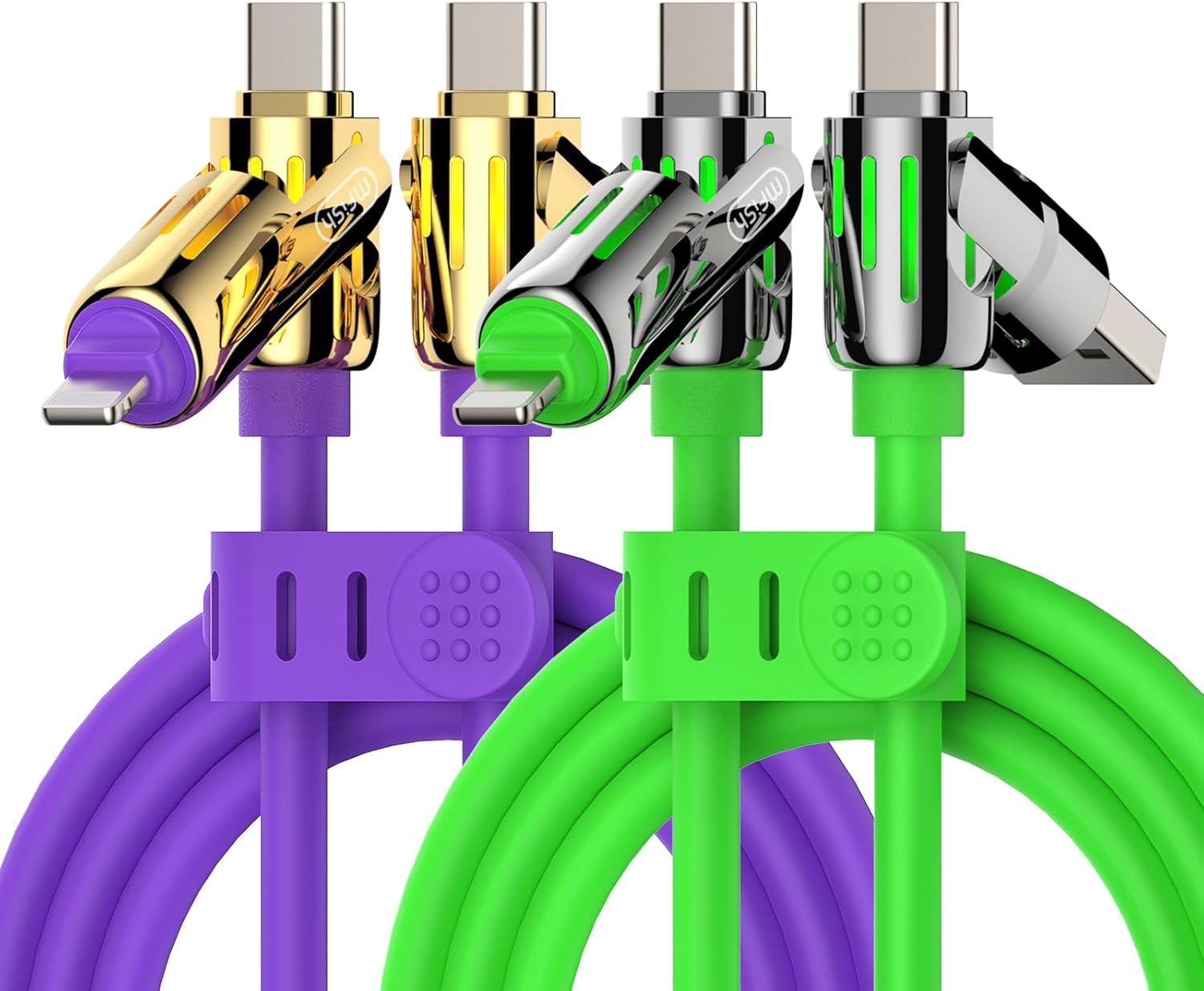 MFish 2-Pack 240W 4-in-1 Multi Charging Cable with Carrying Case, 6.6FT Fast Charge USB-A & USB-C to USB-C/Lightning, for iPhone 17/16/15/14, MacBook, iPad, Samsung S25/S24 (Purple+Green)