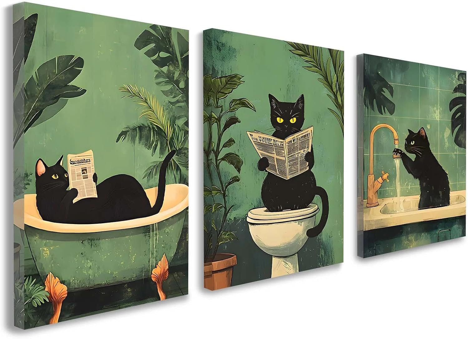 3 Piece Bathroom Wall Art Funny Black Cat Decor, Framed Canvas Wall Art for Farmhouse Bathroom, Modern Rustic Wall Decor for Home, Cute Animal Pictures with Hooks and Nails, 12x16 Inch