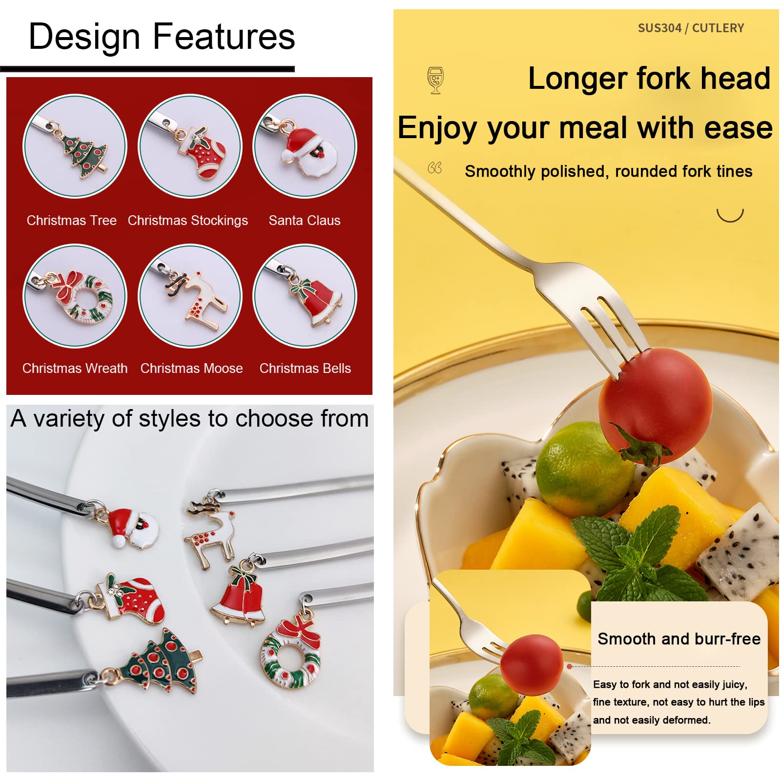6 PCS Christmas Forks Stainless Steel Fruit Fork Dessert Fork Cake Fork Salad Fork Appetizer Fork Suitable for Dinner Party Travel (Silver)