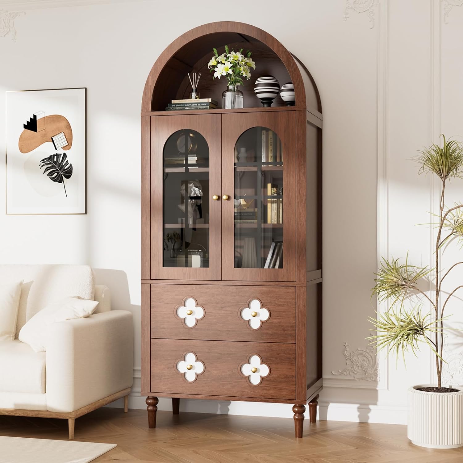 MOPHOTO Arched Cabinet, 71 in Arched Cabinet with Glass Doors, Modern Versatile Pantry Storage Cabinet with 2 Large Drawers for Living Room, Kitchen, Dining Room