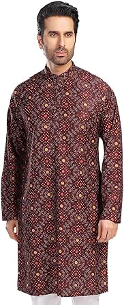 In-Sattva Men's Indian Folk Print Banded Collar Knee-Length Kurta Tunic