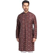 In-Sattva Mens Indian Folk Print Banded Collar Knee-Length Kurta Tunic