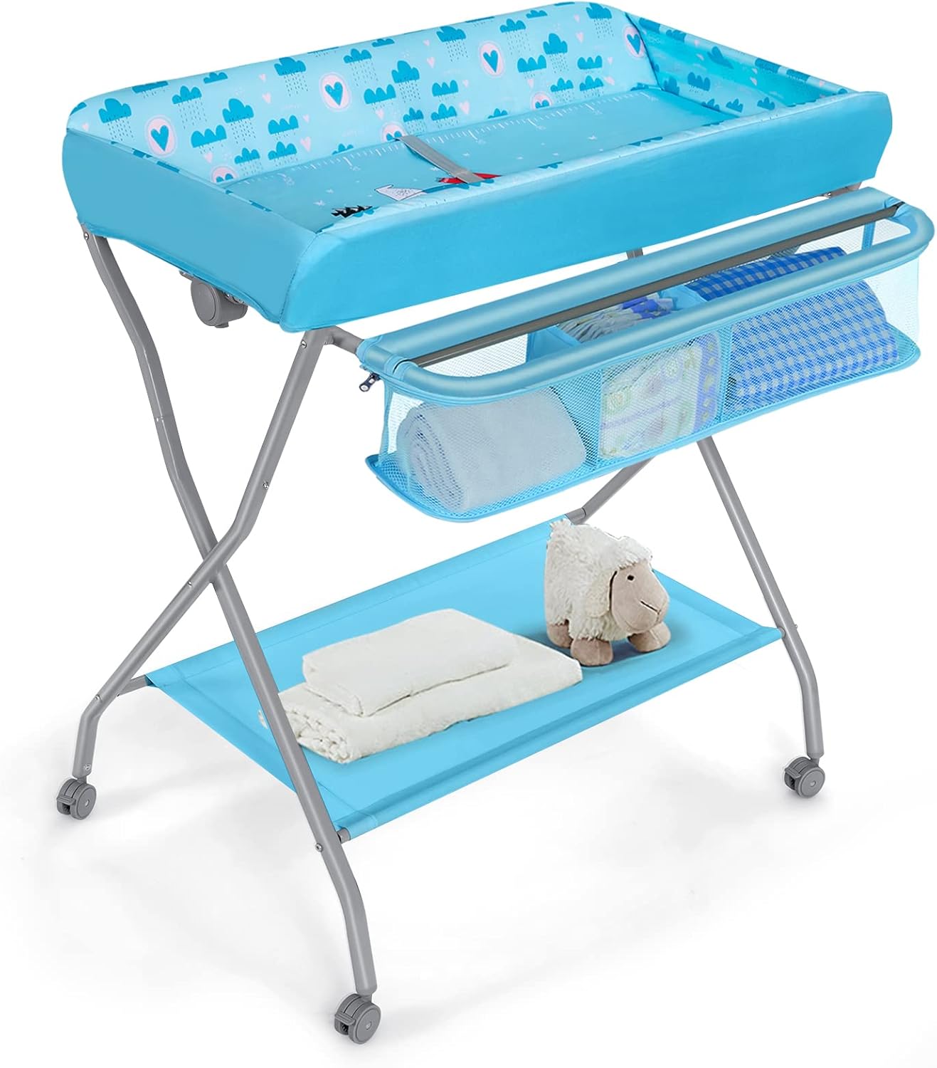 GYMAX Foldable Baby Changing Table, Rolling Infant Care Station with