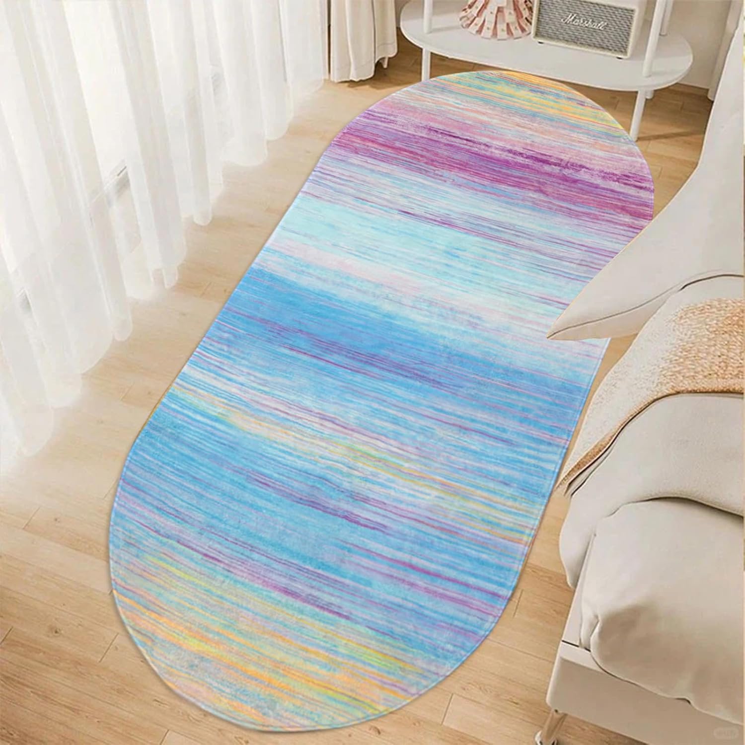 USTIDE Oval Rainbow Stripe Rug for Bedroom - 31.5"x63" Blue Soft Kids Comfortable Carpet for Girls Room, Teen Dorm, Baby Nursery, Home Decor Bedside Rug