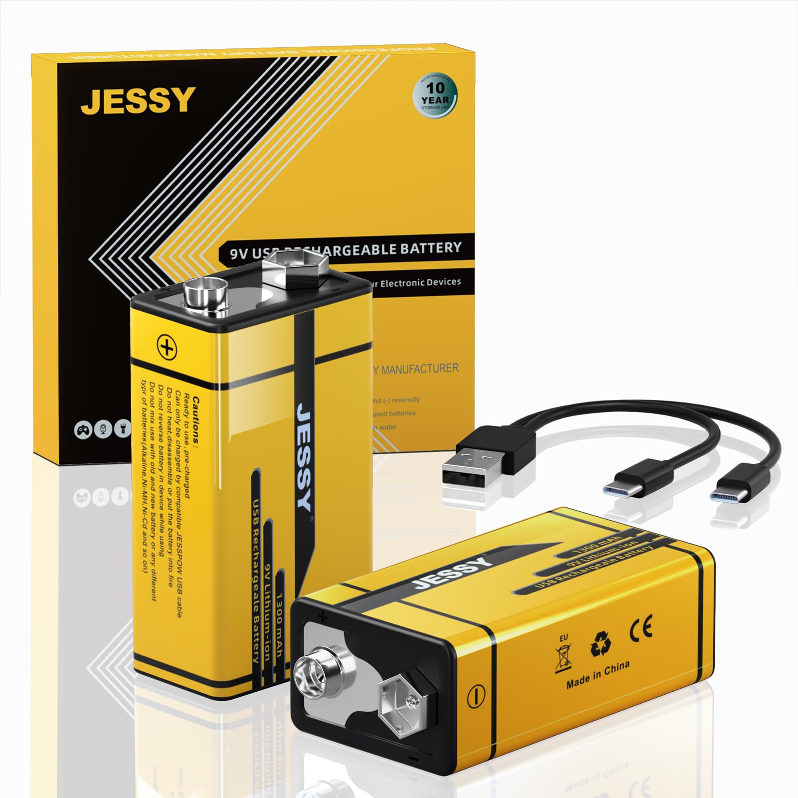 JESSY 9V Rechargeable Batteries, 1300mAh Long Lasting Lithium Batteries for Smoke Alarms Detectors, Microphones, Alarms, Electric Guitar 2 Pack (No Charging Cable)