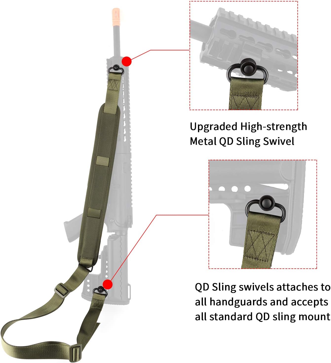 FOCUHUNTER Tactical 2-Point Sling Universal Upgraded QD Swivel Two Point Sling with Easy Length Adjuster Shoulder Pad Adjustable Strap Longest 71.65'' for Outdoor Hunting