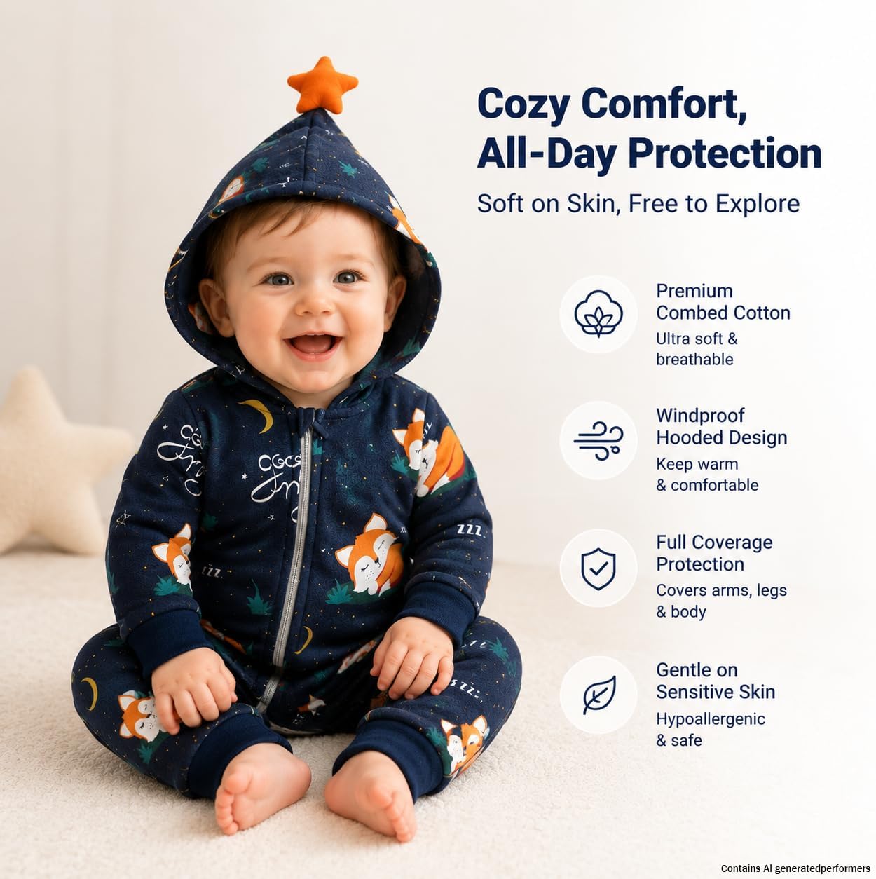 Fox Print Hooded Pajamas for Baby Boys and Girls, Zip-Up Footless Romper, Long Sleeve Sleepwear