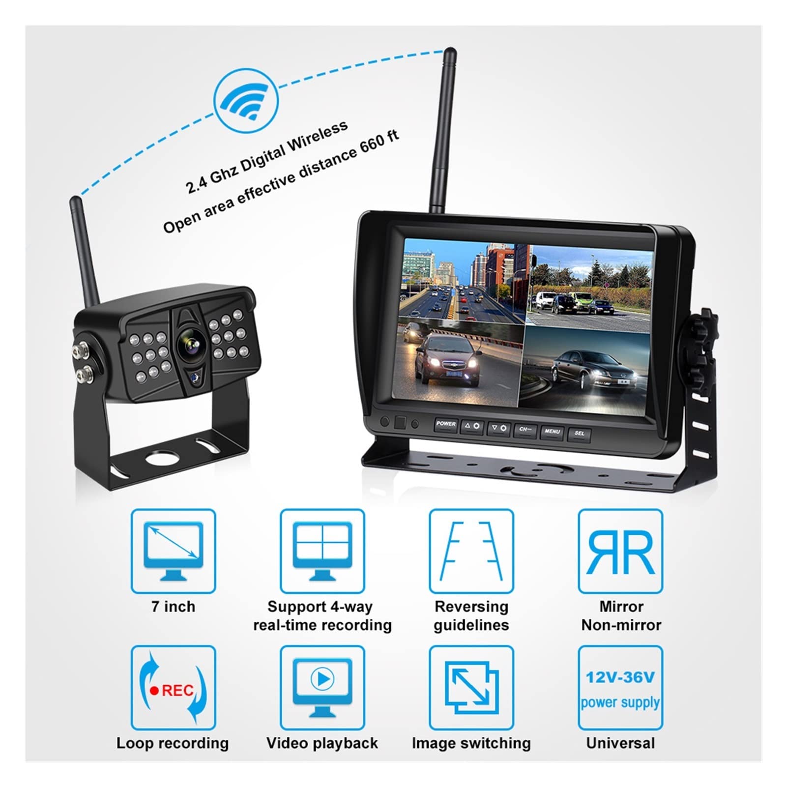 GPS pour Voiture, Moniteur de Voiture 7 Pouces Ahd sans Fil DVR Afficher Le véhicule Auto Screen View Vue arrière Connecteurs Camion Reverse Backup Recorder Appareil Photo WiFi(Monitor and 4Camera)